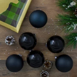 6ct Black Glass 2-Finish Christmas Ball Ornaments 3.25" (80mm) Glass|Ball Ornaments