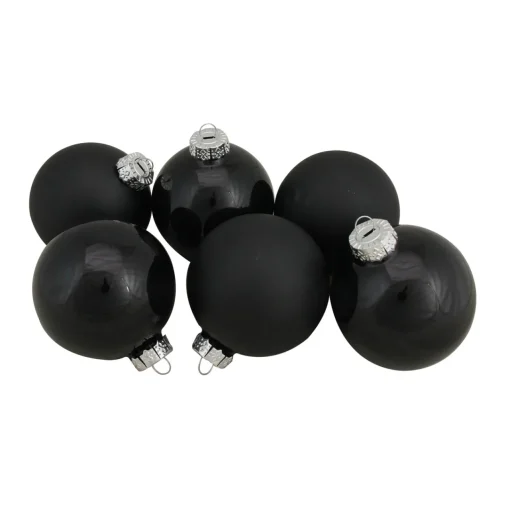 6ct Black Glass 2-Finish Christmas Ball Ornaments 3.25" (80mm) Glass|Ball Ornaments