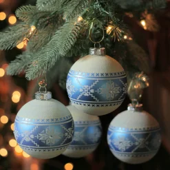 Best 4ct Blue and White Nordic Fair Isle Glass Ball Christmas Ornaments 4-Inch Glass|Ball Ornaments