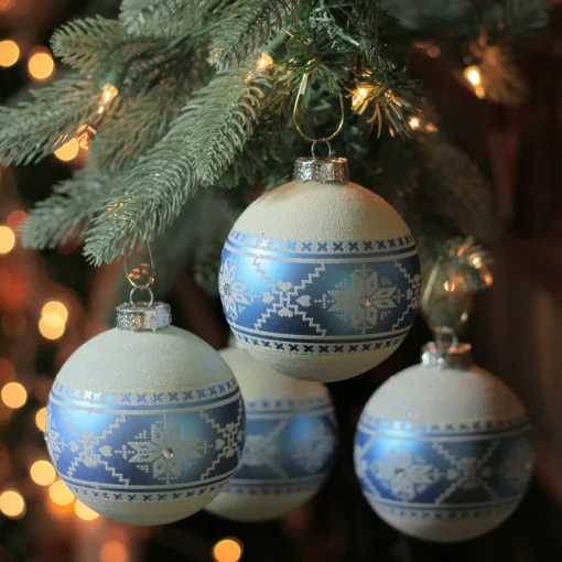 Best 4ct Blue and White Nordic Fair Isle Glass Ball Christmas Ornaments 4-Inch Glass|Ball Ornaments