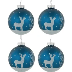 Online 4ct Blue Glass Ball Christmas Ornaments with Glitter Reindeer 3" Glass|Ball Ornaments