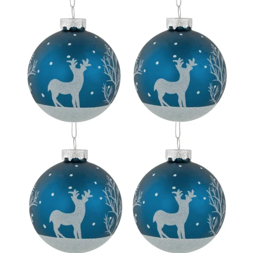 Online 4ct Blue Glass Ball Christmas Ornaments with Glitter Reindeer 3" Glass|Ball Ornaments