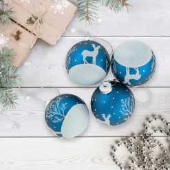 Online 4ct Blue Glass Ball Christmas Ornaments with Glitter Reindeer 3" Glass|Ball Ornaments