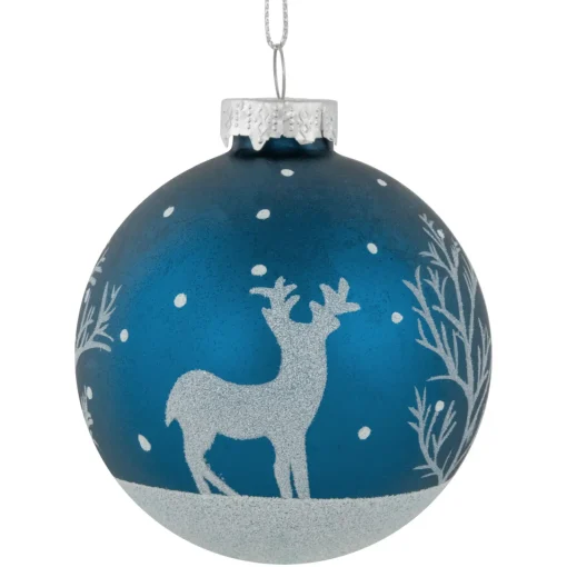 Online 4ct Blue Glass Ball Christmas Ornaments with Glitter Reindeer 3" Glass|Ball Ornaments