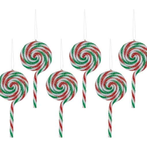 6ct Frosted White, Green and Red Lollipop Christmas Ornaments 7" Food & Beverage