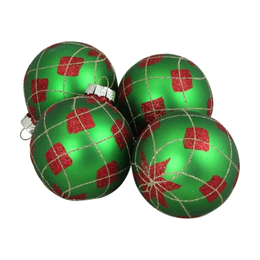 Best 4ct Green and Red Argyle Diamond Pattern Christmas Ball Ornaments 3.25" (80mm) Glass|Ball Ornaments