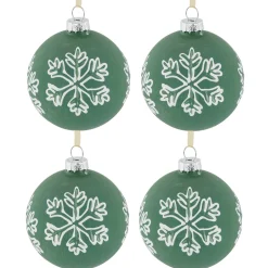 New 4ct Green Glass Christmas Ball Ornaments with White Snowflakes 3" (80mm) Glass|Ball Ornaments