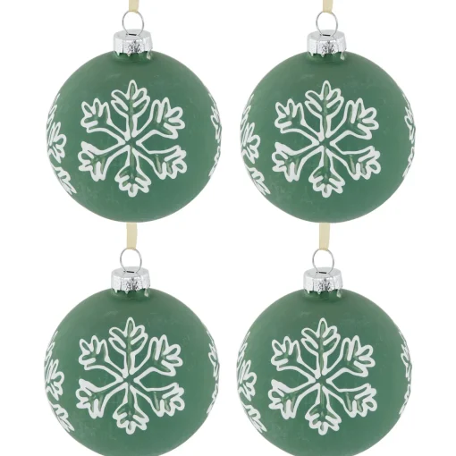 New 4ct Green Glass Christmas Ball Ornaments with White Snowflakes 3" (80mm) Glass|Ball Ornaments