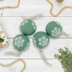 New 4ct Green Glass Christmas Ball Ornaments with White Snowflakes 3" (80mm) Glass|Ball Ornaments