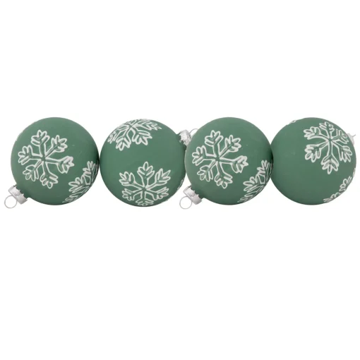 New 4ct Green Glass Christmas Ball Ornaments with White Snowflakes 3" (80mm) Glass|Ball Ornaments