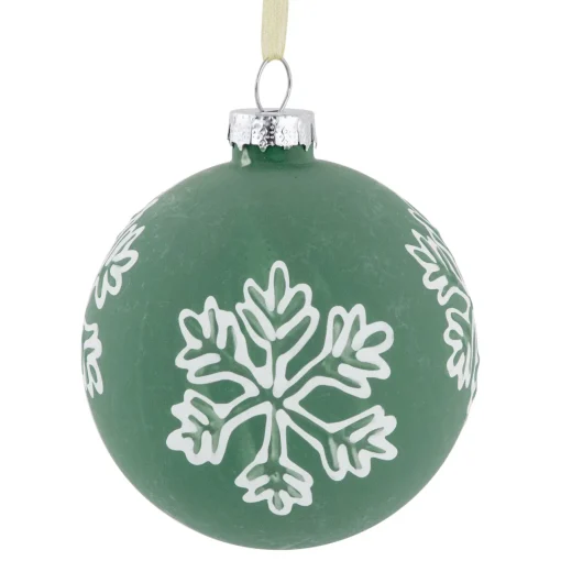 New 4ct Green Glass Christmas Ball Ornaments with White Snowflakes 3" (80mm) Glass|Ball Ornaments