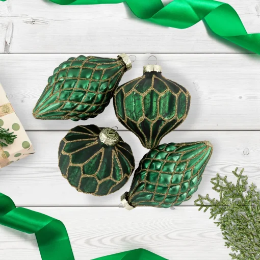 Discount 4ct Green with Gold Glitter Onion and Finial Glass Christmas Ornaments 4.75" Finials|Pendants