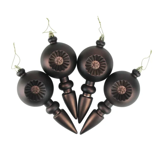 Hot 4ct Matte Brown Retro Reflector Shatterproof Christmas Finial Ornaments 7.5" Finials|Pendants
