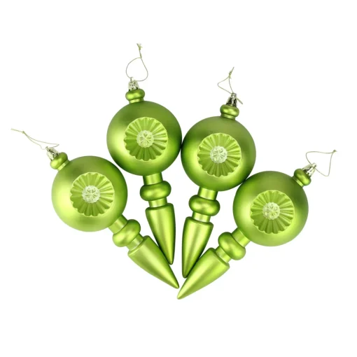 Hot 4ct Matte Green Kiwi Retro Reflector Shatterproof Christmas Finial Ornaments 7.5" Finials|Pendants