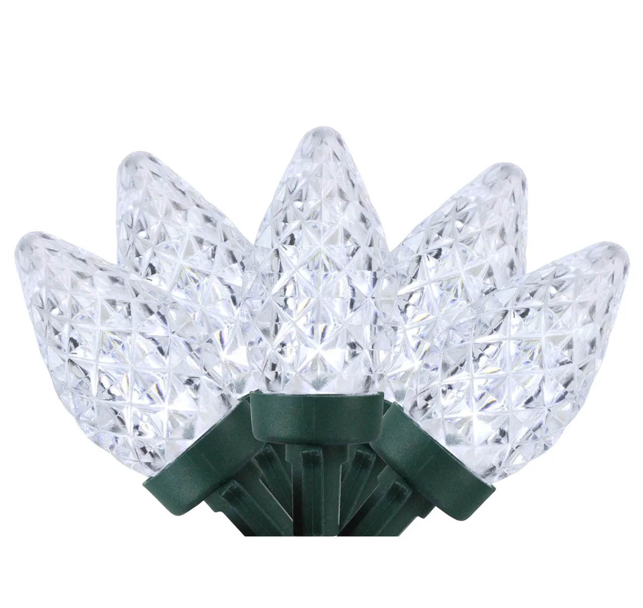 New 100ct Pure White LED Faceted C7 Christmas Lights, 66ft Green Wire C7 & C9 Lights