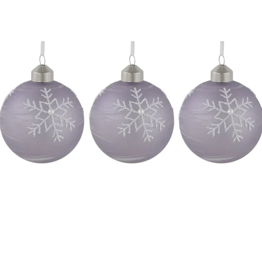 New 3ct Purple Glass Ball Christmas Ornaments with Snowflakes 3" (80mm) Glass|Ball Ornaments