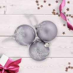 New 3ct Purple Glass Ball Christmas Ornaments with Snowflakes 3" (80mm) Glass|Ball Ornaments