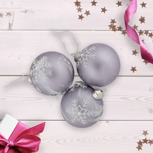 New 3ct Purple Glass Ball Christmas Ornaments with Snowflakes 3" (80mm) Glass|Ball Ornaments