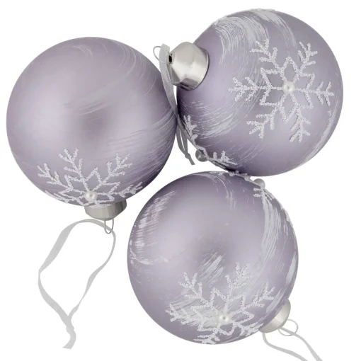 New 3ct Purple Glass Ball Christmas Ornaments with Snowflakes 3" (80mm) Glass|Ball Ornaments