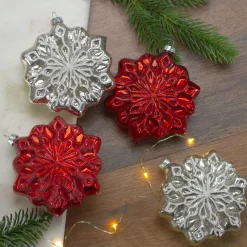 Hot 4ct Red and Silver Glass Snowflake Hanging Christmas Decorations 3.75-Inch (100mm) Icicles|Snowflakes