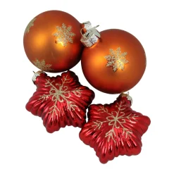 New 4ct Shiny Red Stars and Amber Orange Balls Glass Christmas Ornaments 4.25" Glass|Ball Ornaments