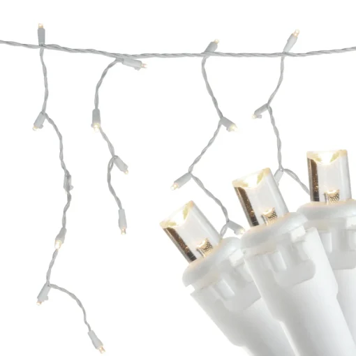 Hot 100ct Warm White LED Wide Angle Icicle Christmas Lights, White Wire Icicles