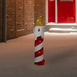 Online 3D LED Lighted Striped Candle Christmas Outdoor Decoration - 30" - Red and White Lawn Stakes
