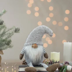 Hot Dangling Leg Sitting Gnome Christmas Figure - 7.5" - Gray and Beige Gnomes