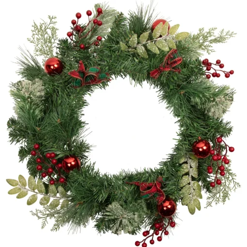 Discount Decorated Frosted Pine and Pine Cone Artificial Christmas Wreath, 24-Inch, Unlit Pre Decorated