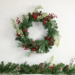 Discount Decorated Frosted Pine and Pine Cone Artificial Christmas Wreath, 24-Inch, Unlit Pre Decorated