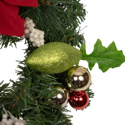 Hot Decorated Red and Green Poinsettia and Pine Artificial Christmas Wreath, 24-inch, Unlit Pre Decorated