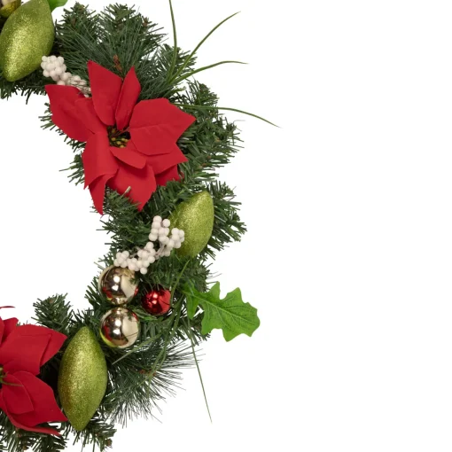 Hot Decorated Red and Green Poinsettia and Pine Artificial Christmas Wreath, 24-inch, Unlit Pre Decorated