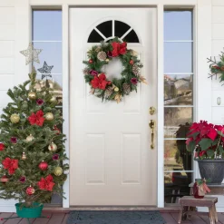Best Decorated Red Poinsettia and Rose Artificial Christmas Wreath, 24-inch, Unlit Pre Decorated