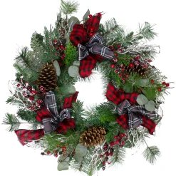 Sale Dual Plaid and Berries Artificial Christmas Wreath - 24" - Unlit Pre Decorated