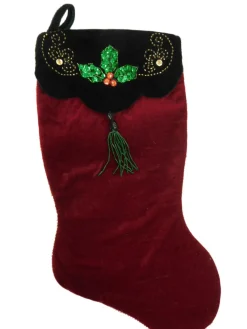 Clearance Embellished Red & Green Velvet Beadded Hollyy Christmas Holiday Stocking Stockings