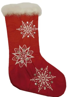 Embellished Red Satin Sequin & Faux Fur Christmas Holiday Stocking Snowflakes Stockings