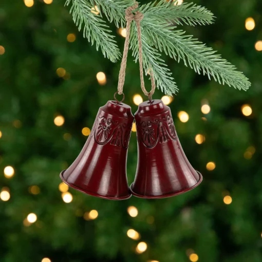 Best Embossed Christmas Bell Ornaments - 6" - Red - Set of 2 Finials|Pendants