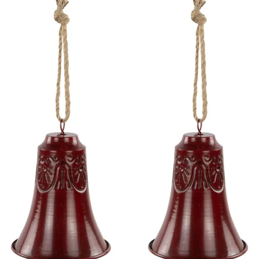 Best Embossed Christmas Bell Ornaments - 6" - Red - Set of 2 Finials|Pendants