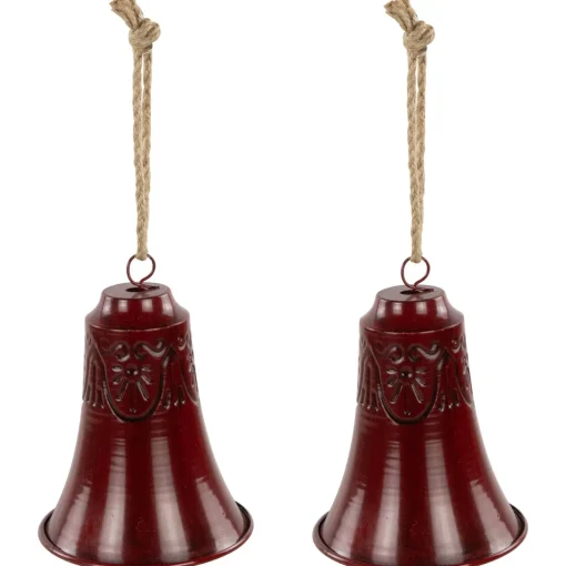 Best Embossed Christmas Bell Ornaments - 6" - Red - Set of 2 Finials|Pendants