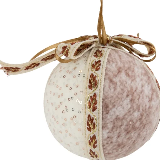 Hot Embroidered Leaves Christmas Ball Ornaments - 3" - Cream - Set of 6 Glass