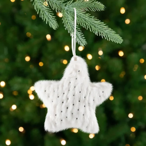 Faux Fur Star Christmas Ornaments - 4.75" - White - Set of 4 Symbols
