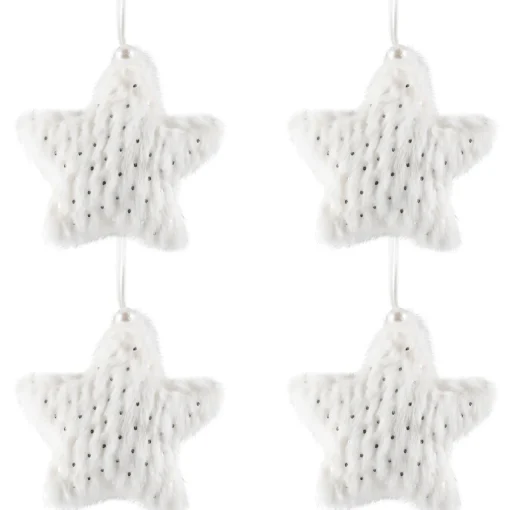 Faux Fur Star Christmas Ornaments - 4.75" - White - Set of 4 Symbols