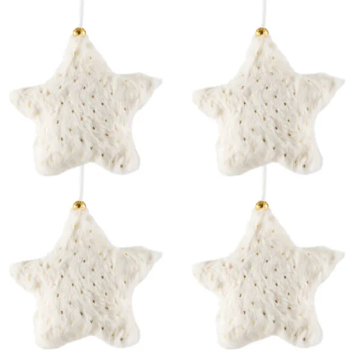 Hot Faux Fur Star Plush Christmas Ornaments - 4.75" - Cream - Set of 4 Symbols
