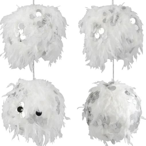 Outlet Feather Ball with Large Sequins Christmas Ornaments - 3.5" - White - Set of 4 Glass