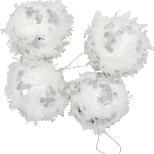 Outlet Feather Ball with Large Sequins Christmas Ornaments - 3.5" - White - Set of 4 Glass