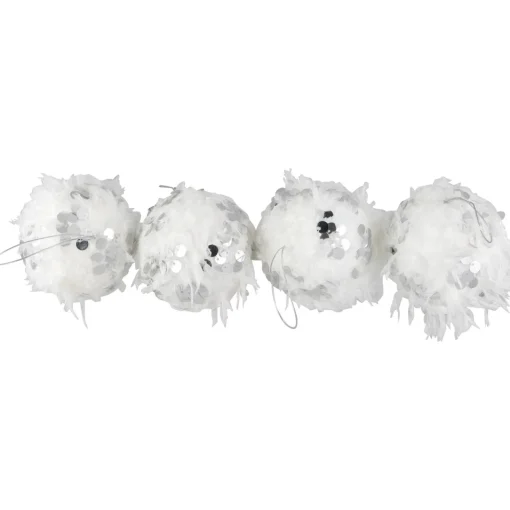 Outlet Feather Ball with Large Sequins Christmas Ornaments - 3.5" - White - Set of 4 Glass