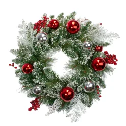 New Flocked Mixed Pine with Ornaments Artificial Christmas Wreath - 24" - Unlit Pre Decorated