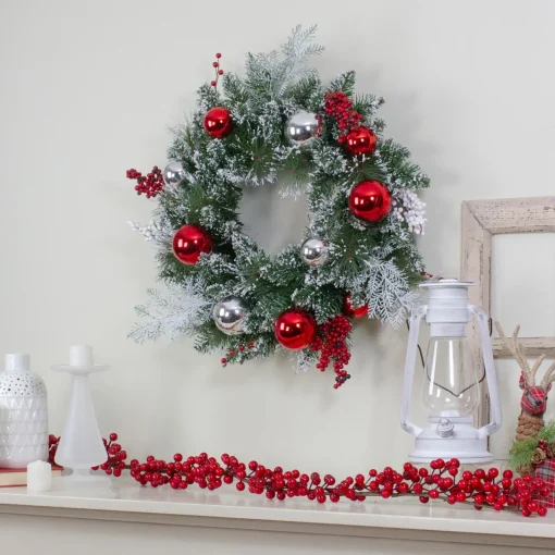New Flocked Mixed Pine with Ornaments Artificial Christmas Wreath - 24" - Unlit Pre Decorated