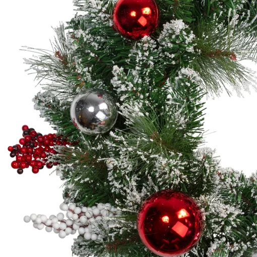 New Flocked Mixed Pine with Ornaments Artificial Christmas Wreath - 24" - Unlit Pre Decorated