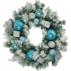 New Flocked Pine with Glitter Ornaments Artificial Christmas Wreath - 24" - Unlit Pre Decorated